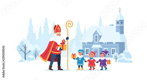 Foto Saint Nicholas Giving Gifts to Children in Snowy Village