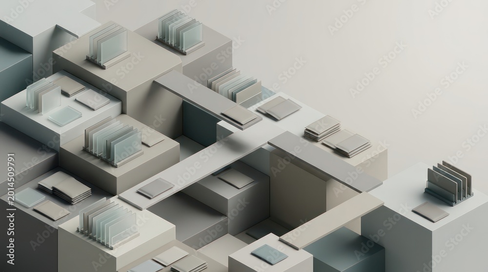 Fototapeta premium Abstract 3D enterprise orchestration blocks with translucent data tiles modular bridges and clean copy space for technology workflow background