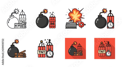 Tableau sur toile Explosion Bomb Icons Set: TNT Dynamite Fuse Timer Danger Blast