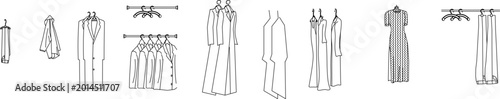 Technical line drawing collection of wardrobe contents including hanging garments, suits, dresses, pants, and clothing storage elements for interior design plans.