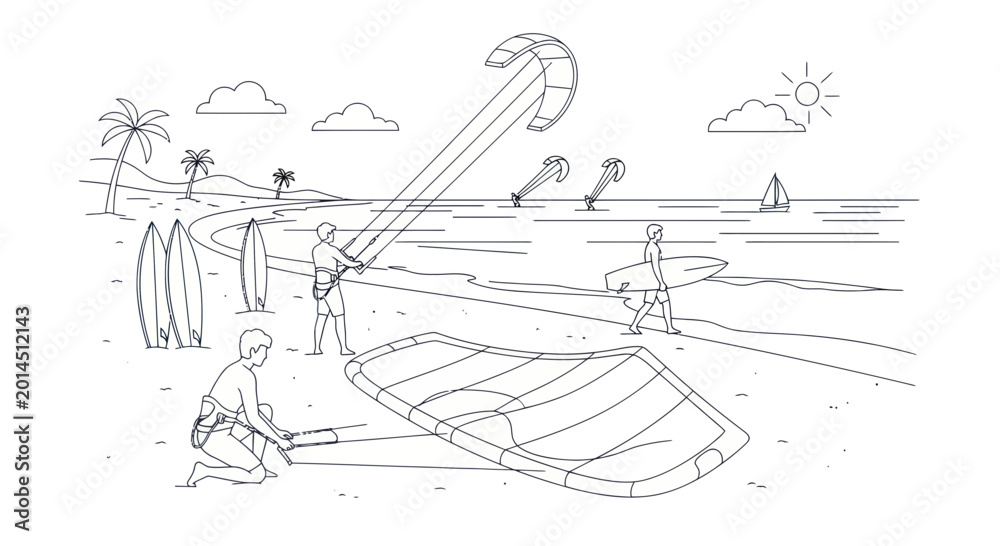 Fototapeta premium Kitesurfing beach scene with people, surfboards, and kites in outline style