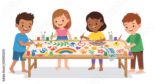 Children painting colorful banner with art supplies at table  