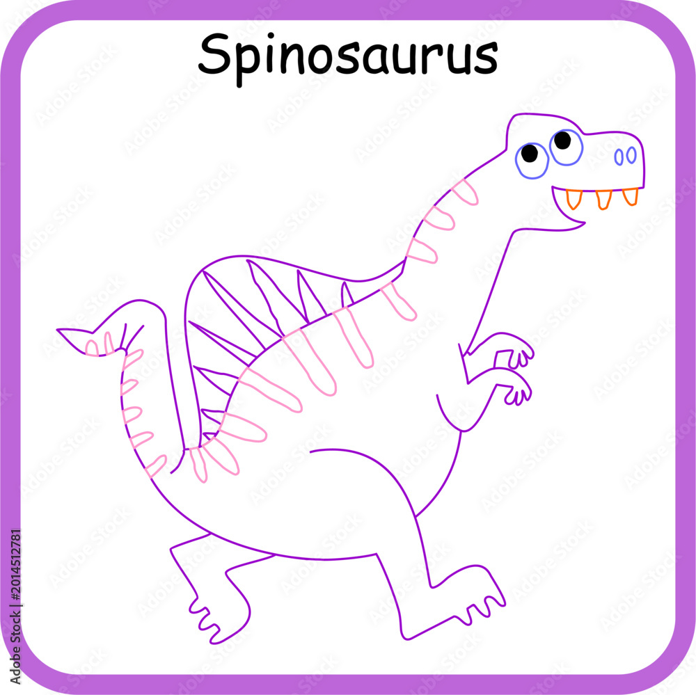 Fototapeta premium Cute Spinosaurus outline coloring page for kids. Fun dinosaur worksheet for preschool and kindergarten activities to improve creativity and coloring skills.