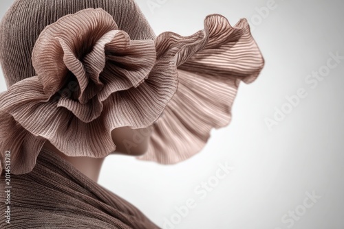 Stylish profile of a model with pleated fabric hat featuring elegant ruffles