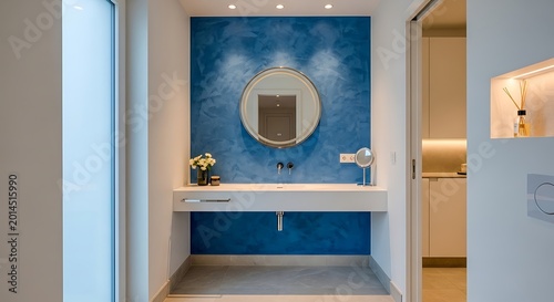 A modern bathroom vanity area features a deep blue textured wall with a round backlit mirror above a floating white counter and minimalist plumbing fixtures