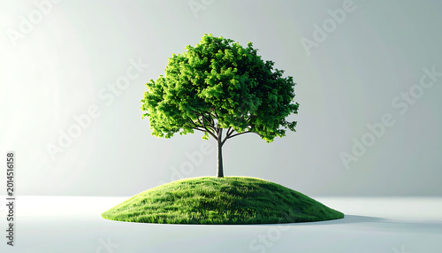 Isolated lush green tree growing on a small grassy hill with soft light and shadows, symbolizing growth and nature