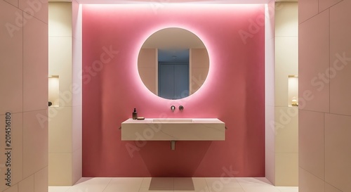 Modern bathroom interior featuring a minimalist floating marble vanity sink unit mounted against a bold pink wall with a glowing circular mirror above the basin