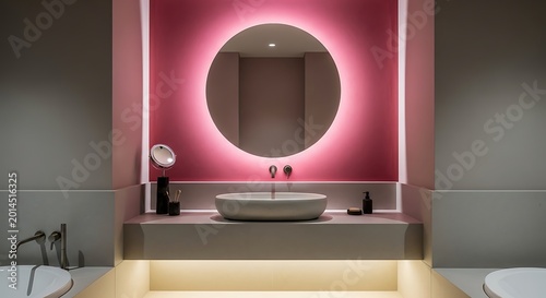 A modern bathroom vanity featuring a minimalist white basin sink placed on a sleek countertop beneath a large glowing circular mirror against vivid pink wall