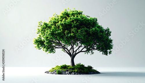 Isolated lush green tree with dense foliage on a small rocky island, representing growth and nature
