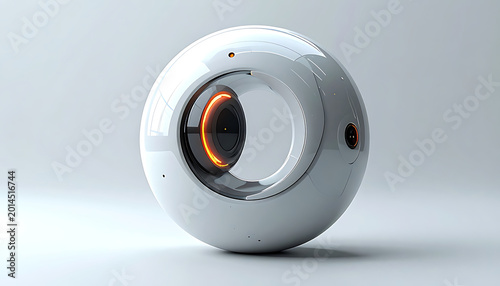 Isolated futuristic white sphere with glowing orange inner core, sci-fi technology, minimalist design, clean render