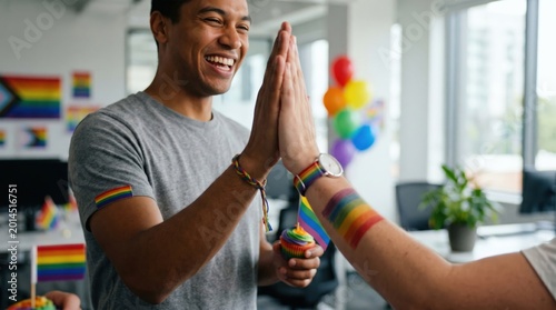 Happy young diverse male colleagues celebrating pride month with high five in modern office workplace