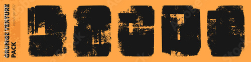 Bold industrial grunge texture pack with black ink stamp marks.Urban distressed prints and rough roller effects.Solid linocut overlays for poster design,packaging,branding,editorial layouts