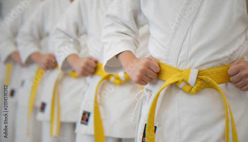 Quadro su tela A group of children wearing white karate uniforms and yellow belts standing in a line during a martial arts class