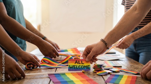 Diverse Group Preparing LGBTQ Pride Event Decorations with Rainbow Flags and All Welcome Sign on Wooden Table
