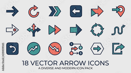 Set of 18 colorful vector arrow icons on transparent background