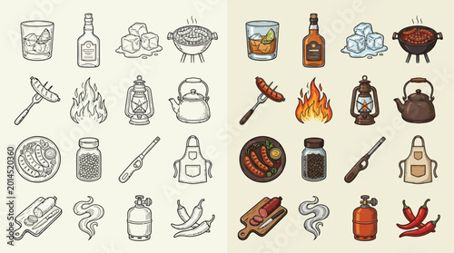 Bild auf Leinwand Collection of barbecue and grilling icons, both in color and outline versions, for food and outdoor cooking themes