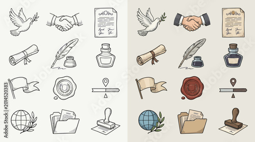Foto Collection of Hand-Drawn Icons Representing Business, Law, and Diplomacy