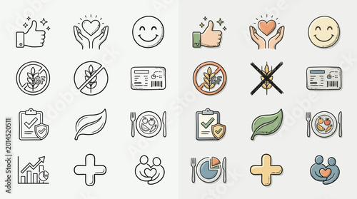 Foto Set of icons representing healthy eating, dietary choices, and positive lifestyle elements