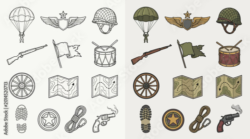Bilde på lerret Collection of military and war-related icons in vintage style, including parachutes, helmets, weapons, and maps