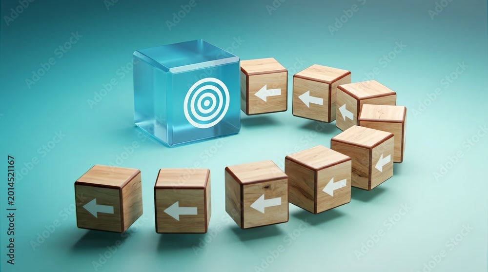 Fototapeta premium Wooden cubes arranged in a circular pattern, moving towards a central transparent cube with target symbol