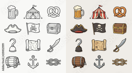 Принти на полотні Collection of pirate-themed icons and symbols in both line art and colored versions, representing adventure and treasure hunting