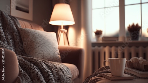 Cozy living room interior with armchair blanket and coffee mug