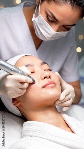 Facial treatment session with microneedling at beauty spa in the evening