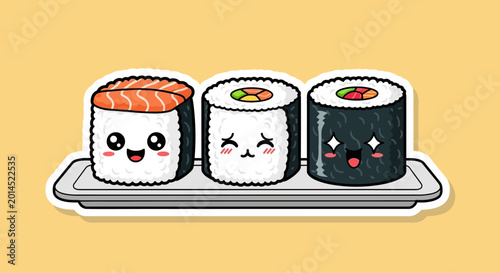 Cute Kawaii Sushi Rolls Characters on Plate, Japanese Food Art, Adorable Anime Style