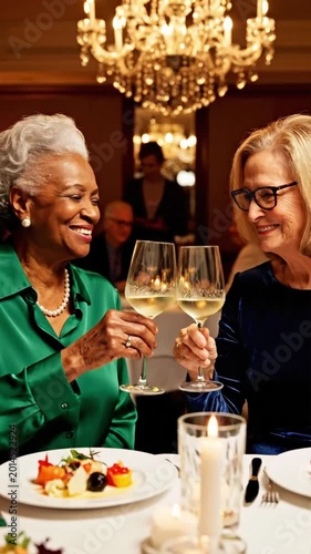 Friends enjoy dinner together in a nice restaurant while sharing smiles and drinks in the evening light