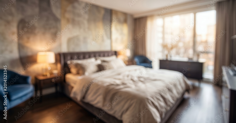 Fototapeta premium Fully blurred apartment bedroom with realistic interior environment and soft lighting. Residential background suitable for marketing applications.