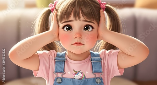 Cute cartoon-style little girl with pigtails covering her ears, looking upset or sensitive to noise, with large expressive eyes.
