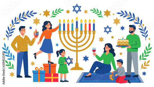Foto Cheerful jewish family celebrating hanukkah with gifts dreidels and traditional menorah