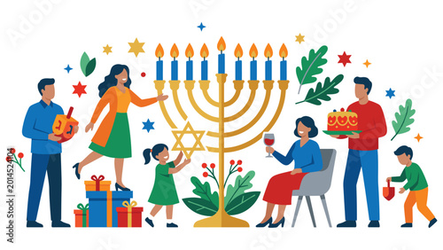 Schilderij op canvas Happy jewish family celebrating hanukkah holiday gathering around traditional menorah light