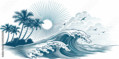 Schilderij op canvas Vintage style ocean wave illustration with palm trees and birds