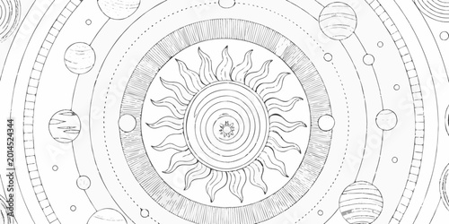 Fotografi Solar system diagram black and white line art illustration
