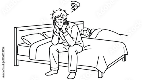 Photos Stressed man suffering from insomnia sitting on bed in bedroom during dark quiet night