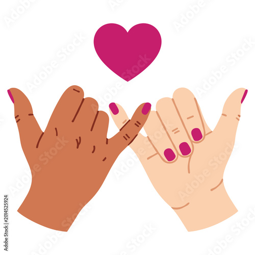Canvastavla Pinky promise gesture with two diverse hands and pink heart symbol friendship vector art
