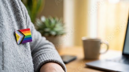 Person Wearing Intersex Inclusive Progress Pride Pin on Grey Sweater in Home Office Setting