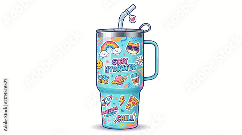 Vibrant blue insulated travel tumbler, adorned with a fun collection of colorful and trendy pop culture-inspired cartoon stickers, ideal for stylish hydration