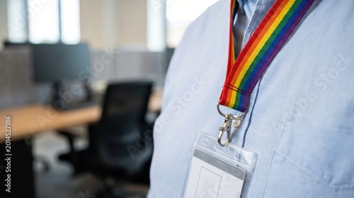 Professional employee wearing rainbow pride lanyard with ID badge in modern corporate office workplace