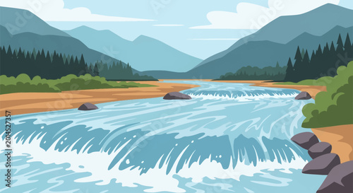 Flat vector illustration of a rushing mountain river with turquoise water flowing over rapids and rocks, surrounded by a coniferous forest, sandy riverbanks, and distant blue peaks.