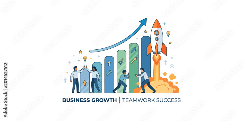 Obraz premium Businessman standing before a launching rocket with business growth icons.