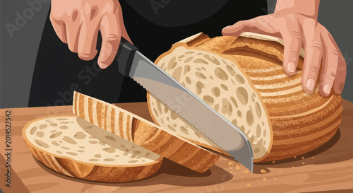 Close-up vector illustration of human hands using a serrated knife to slice a crusty loaf of artisan sourdough bread on a wooden board, showing the internal crumb and texture.