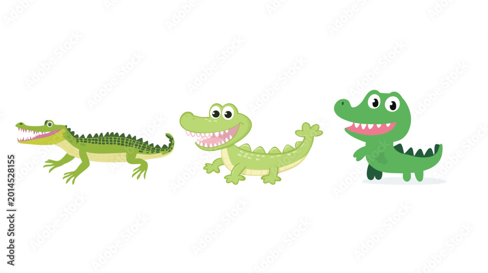 Obraz premium Green crocodile with pink teeth in simple geometric cartoon style, playful reptile character illustration featuring cute expression, minimal shapes, bright colors and childish creativity
