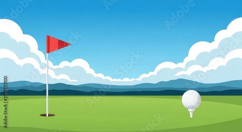 Golf course green with flag and ball on tee under blue sky with clouds