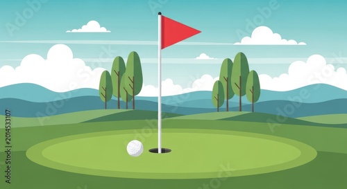 Golf Course Green with Flag and Ball, Sunny Day, Rolling Hills Background