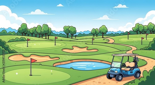 Golf Cart on Sunny Golf Course with Green Fairways and Sand Traps