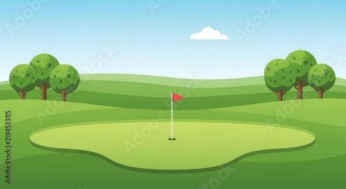 Golf Course Green with Flag and Trees on a Sunny Day - Flat Design Illustration