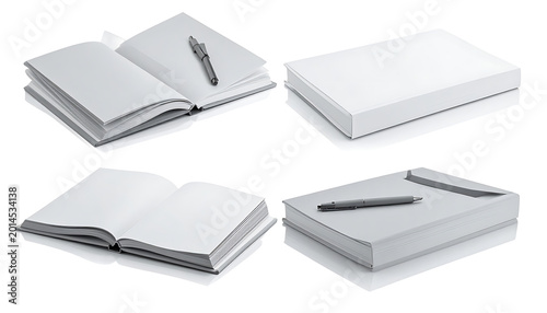Set of blank notebooks and stacked paper with pen, representing writing and planning, office supplies, stationery collection
