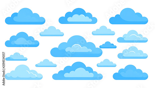 Set of pixel art clouds in various sizes and shades of blue, simple cartoon style, isolated on white background, weather illustration elements